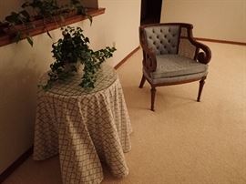 BLUE SIDE CHAIR / SKIRTED SIDE TABLE / POTTED GREENS