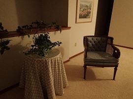 BLUE SIDE CHAIR / SKIRTED SIDE TABLE / POTTED GREENS
