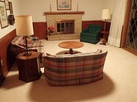 PLAID LOVESEATS / OCTAGONAL END TABLE / BRASS LAMP / WOOD TABLE LAMP/ ASSORTED PICTURES

