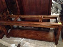 Sofa side table w/ smoky colored glass- 56"x16"  24" high