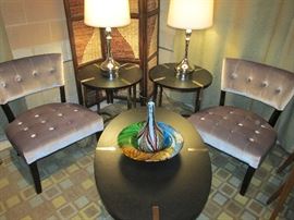Silver sheen chairs and modern tables/lamps