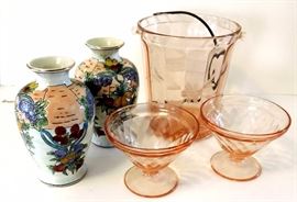 Pink Depression Glass & Porcelain Vases