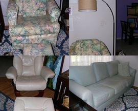 Floral Chair with ottoman, Leather Chair with ottom, nice curved floor lamp, Havertys Sofa