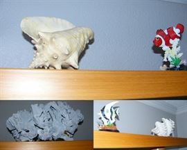 Conch shell, real Blue Coral, fish, & real Clam shell