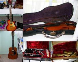 First Act Electric Guitar (M2G-200 B), Esounie 600 Sax, Evette Clairenette, Samick 12 String Guitar, Eduard Reichert Violin made in Dresden, Germany in 1911