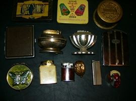 Vintage Cigerette Tins, Bvlgari Cologne, Ernest Steiner Gold Nut, Metrometer Co. Water meter box, Vintage Lighters (Sanriu, Eclydo, Ronson, ASR, Ronson Cigerette Holder with Lighter, J&Y Cigerette Holder