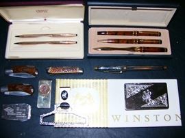 Cross Gold Pen Set, Silver Cross Pen, Nice fountain pen set with letter opener, Colonial Knife, and 2 wood handle knives, Winston Square Dancing Buckle