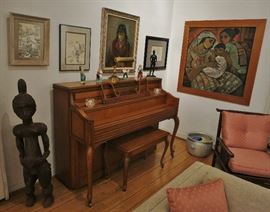 Yamaha French Provincial Upright Piano w/ Bench; Large African Primitive Sculpture