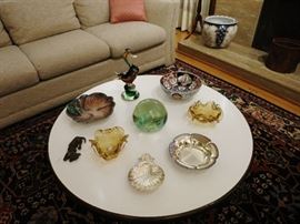 Mid-Century Asian-Influence White Formica Coffee Table: Murano Glass Bird & Bowls, etc.