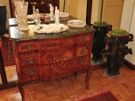 Louis XVI-Style Parquetry Marble Top Chest w/ a Bronze Double-elephant Plant Stand
