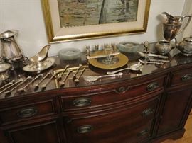 Selection of Antique Sterling Serving Pieces with a Moser Art Nouveau Gilt Server