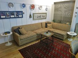 Cool 1970's L-Shaped Sectional Sofa with Original Plaid Fabric on a Red Bokhora Rug and two 1970's Vintage Saarinen-Style Tulip Tables