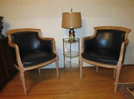 Pair, Mid-Century Louis XVI-Style Black Leather Armchairs