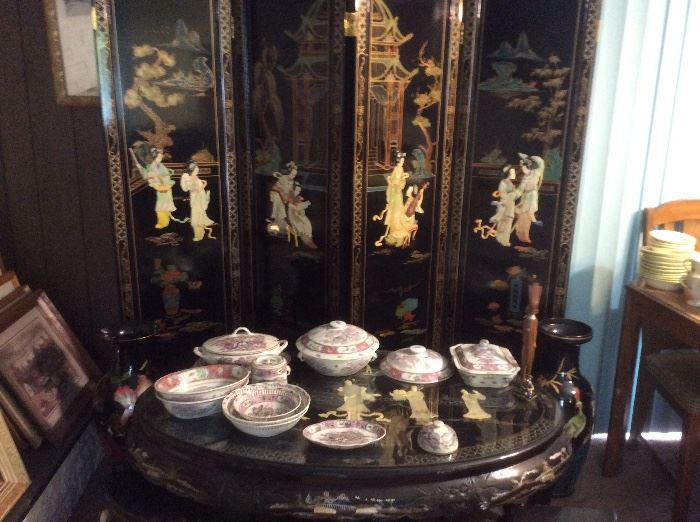 Exquisite oriental screen and low table with benches