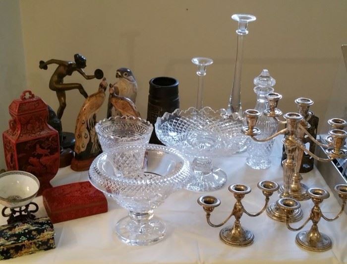Cinnabar urn and box, cut crystal bowls, signed crystal candlesticks, sterling silver candelabras