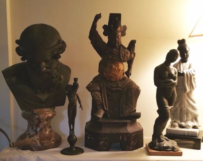 Bronze bust of Zeus, small pot metal sculpture, Old Oriental carving, bronze figural, Oriental mixed media sculpture