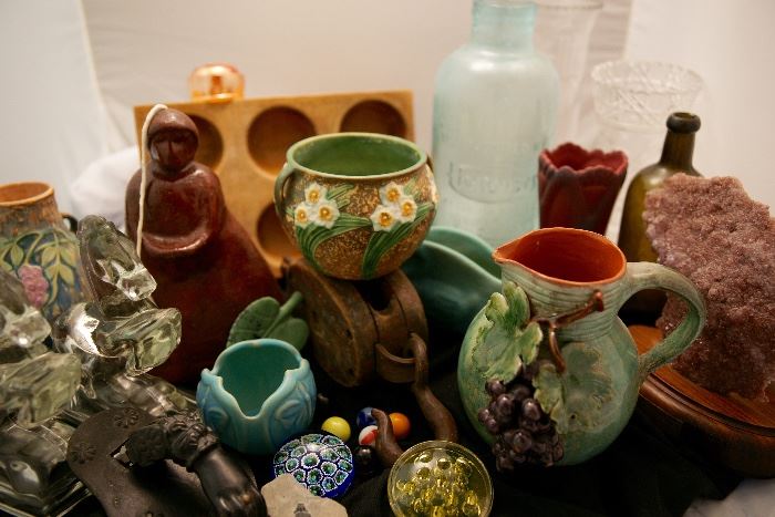 Antique pottery, glass & marbles
