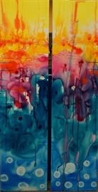 Diptych of Color Fusion  by Kim Ellery, Acrylic 48x12, 2 panels