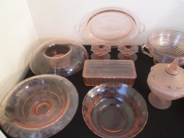 Oh, boy!  Come early for these beauties!  Pink Depression Glass