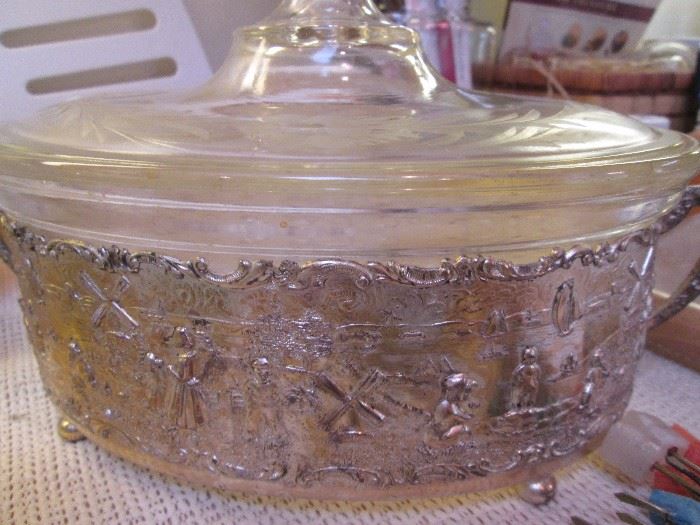 Covered casserole in wonderful silver plate cradle