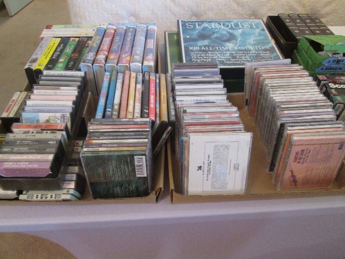 Cassettes, CD's, DVD's, VHS's and records
