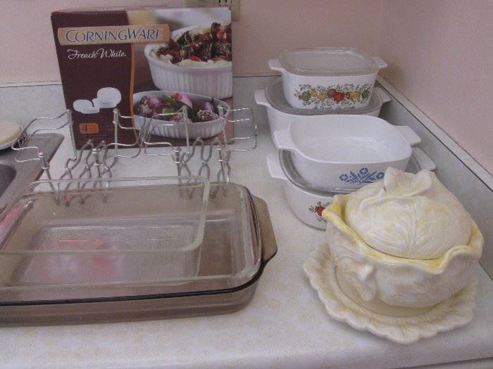 Casseroles, Corning ware and Pyrex PLUS a cute Tureen  