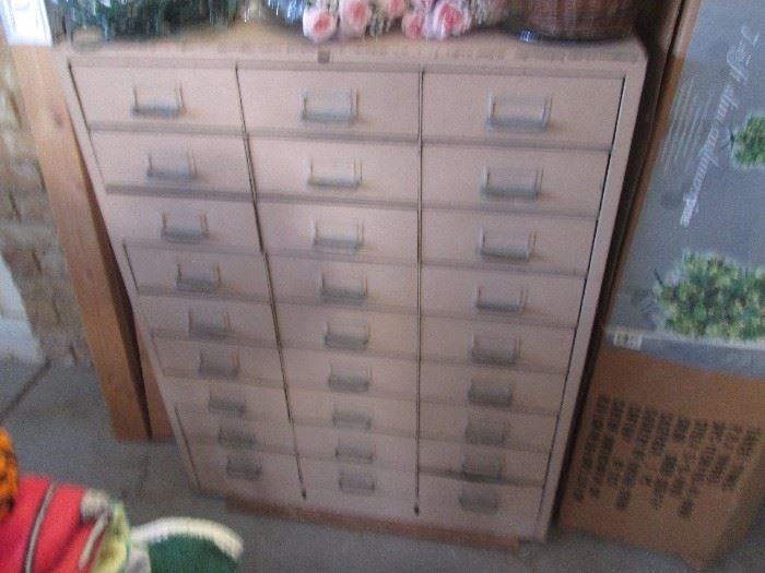 27 Drawer metal file cabinet, fabulous!!!  Vintage library piece?  30" wide x 17" deep x 38" high