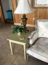 Scandinavian style painted end table, lamp and vintage sofa