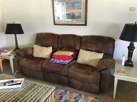 Ultra suede recliner sofa, painted vintage tables