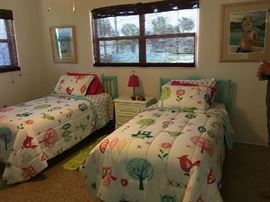 Painted vintage headboards have matching dresser and nightstand. Linens also for sale