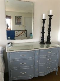Vintage dresser painted w/glass top also has matching chest of drawers
