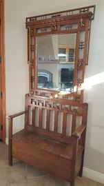 Antique tiger oak hall tree with bench