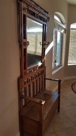 Antique tiger oak hall tree with bench