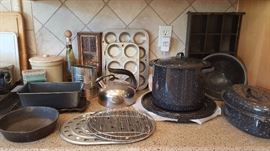 lots of baking items, granite enamelware cookware