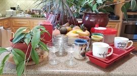 rooster mugs, serving dishes, relish trays, pyrex cooking cups, salad spinners and more