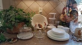 Beautiful clean country kitchen decor - corelle dishes, roosters, cheese dome