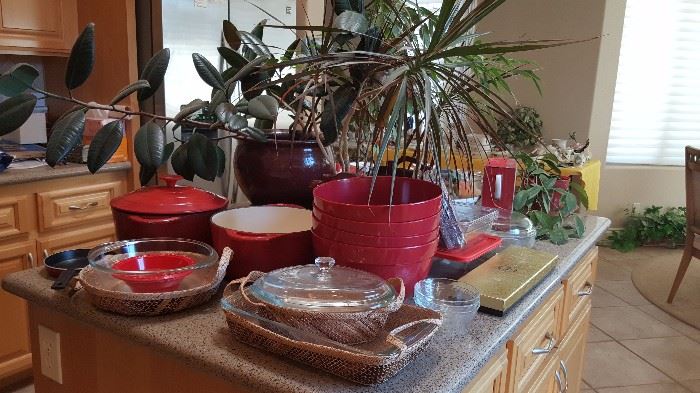 enamel cast iron pots, mixing bowls, pyrex, glasbake, fire king and more