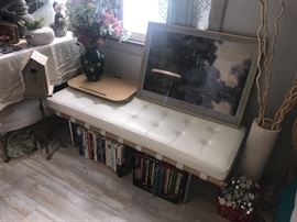 Bench, Artwork, Books, Decor. 