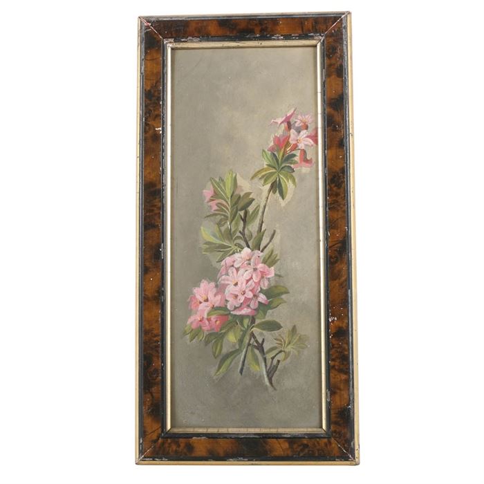 Oil Painting on Board of Floral Still Life: An oil painting on board of a floral still life. The work depicts a still life arrangement comprised of pink stylized flowers with leaves suspended within a gray ambiguous background. The piece is unsigned by the artist. Presented without glass, housed in a wood frame with a gilt and black accents.