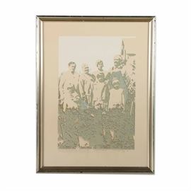 1974 Serigraph on Paper "Some Families Were Partially Obscure Even Then": A 1974 serigraph print on paper titled Some Families Were Partially Obscure Even Then. The piece depicts an early 20th-century family portrait, rendered in hues of cream, blue and olive green against a tan background. The work is signed and dated in graphite to the lower right with a signature that appears to read “Linda Megozj ’74”; however, no clear artist attribution could be made. It is titled in graphite to the lower center along with a notation of “Edition II – State II” and an inscription of “Especially for Molly – one of the ‘specialist’ people in my life”. The print is presented under glass in a silver tone wooden frame with hanging wire to the verso, as well as a framer’s sticker from North Carolina dated 1977.