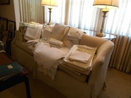 Camel Back Sofa, Mahogany Frame, reupholstered, circa 1950