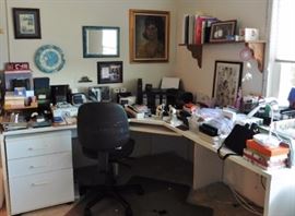 Corner desk and rolling fine cabinet, office supplies