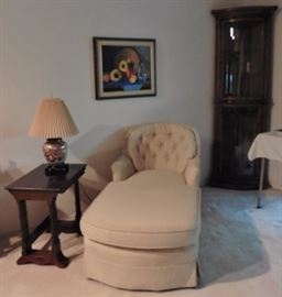 Corner display cabinet; chaise; nest of 3 tables