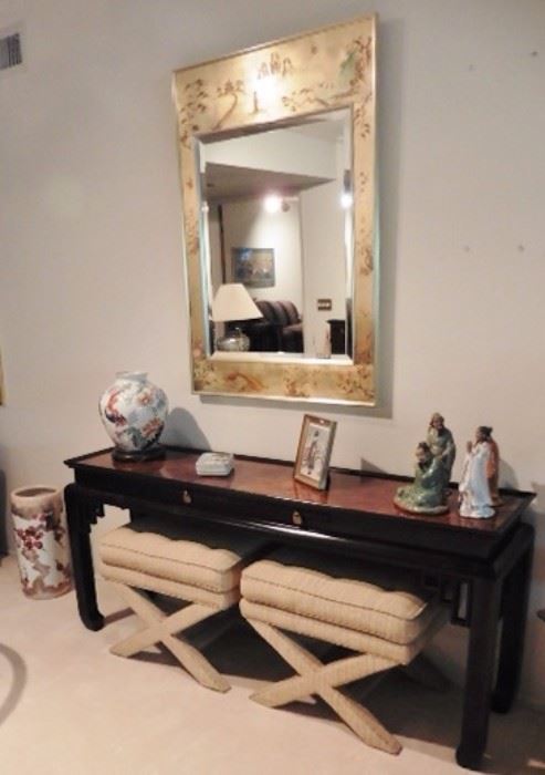 LaBarge reverse painted Chinoiserie mirror. Asian style console/altar table-sold. Upholstered, cross-legged footstools.
