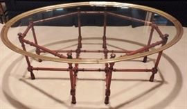 Baker mid-century glass/brass tray table on bamboo stand