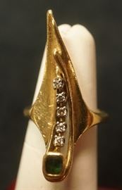 Lot 2 18K Gold Emerald  Diamond Modernist Ladies Ring.