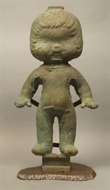 Lot 68 Industrial Cast Metal Doll Mold. Green patina fin