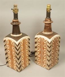 Lot 131 Pr Modernist 4 Sided Pottery Table Lamps. Bottle 