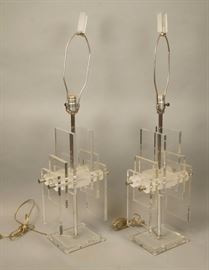 Lot 243 Pr 70s Modern Lucite Table Lamps. Stepped vertica