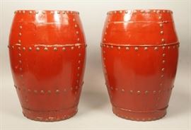 Lot 262 Pr Decorator Red Barrel Tables. Primitive form wi